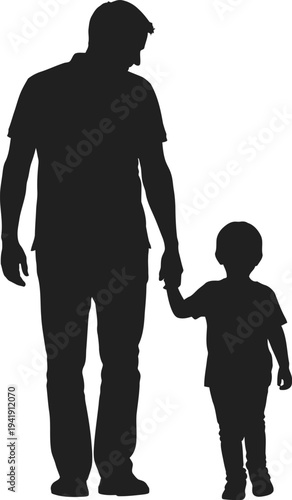 Father and Son Holding Hands Silhouette Vector, Dad Walking with Child, Family Parenting Concept Illustration