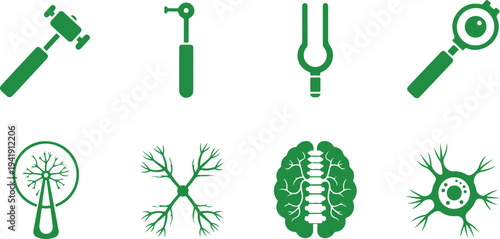 Medical and neurological icons featuring tools and human nervous system illustrations isolated on transparent background