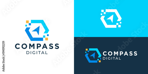 Creative modern compass digital logo template. Abstract compass arrow with digital symbol, north tech logo design vector illustration.