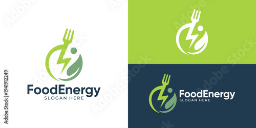Creative simple food energy logo template. Abstract fork with lightning bolt and green leaf for food nutrition logo design vector illustration.