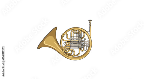 A golden French horn with intricate silver valve mechanisms and a prominent bell is presented at a slight angle, facing left, on a pure white background.