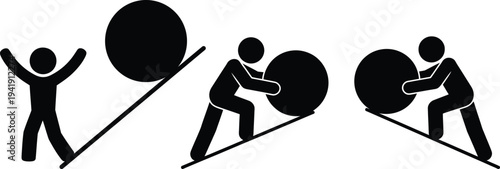 People pushing large balls up an incline in a sequence of actions