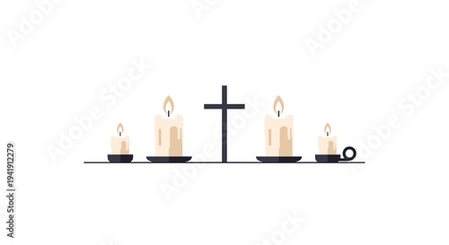 Four lit candles in dark holders, two large and two small, flank a simple black cross on a thin line against a stark white background.