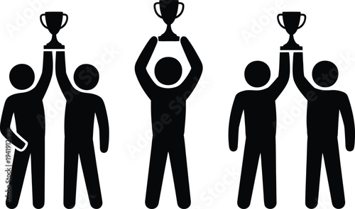 Group of people holding trophies celebrating their victories together.