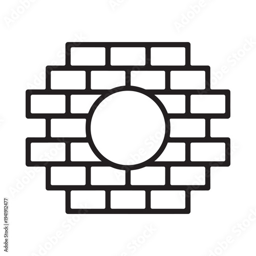 A simple black and white line drawing of a brick wall with a hole