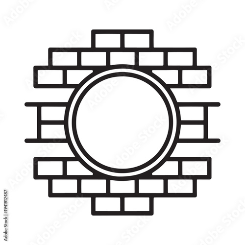 Black and white illustration of a circular opening within brickwork