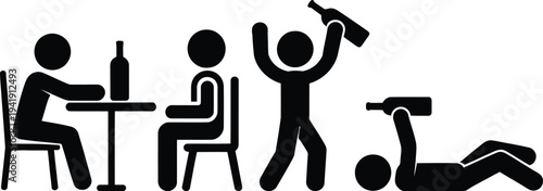 A series of stick figures depicting a social gathering and an accident