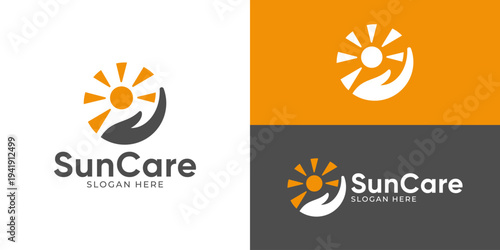 Creative simple sun care logo template. Hand and sun logo design vector illustration.