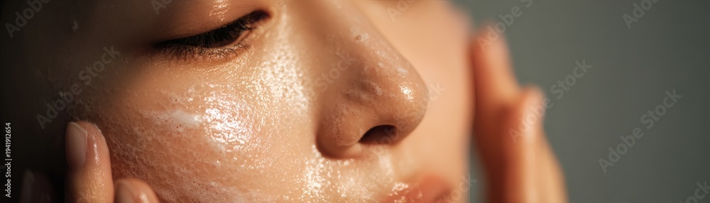 Fototapeta premium Serene Radiance: A close-up view captures the tranquil beauty of a person's face, gently touching their skin and revealing the delicate textures and the gentle application of skincare. 