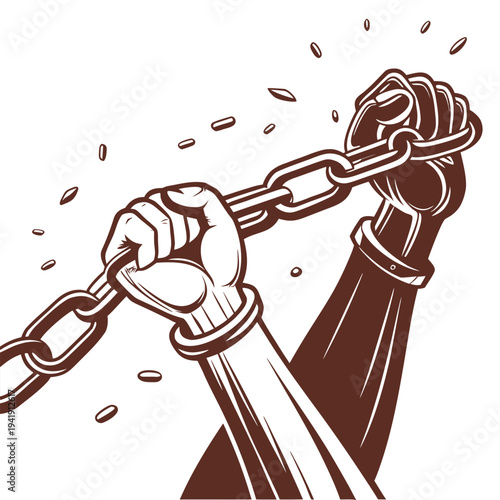 Hands struggling to break metal chain for liberty