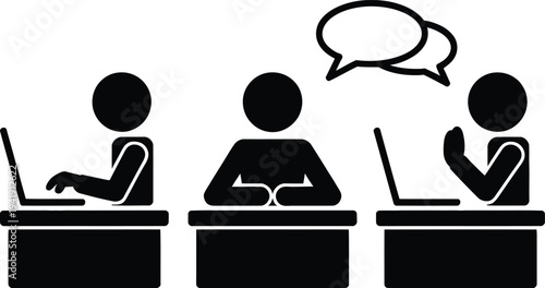 Three people sitting at desks using laptops with one person speaking to another