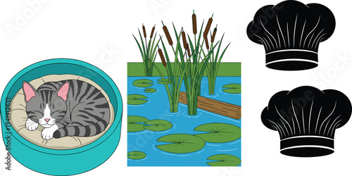 Sleeping Tabby Cat in Pet Bed Beside a Scenic Nature Pond with Lily Pads and Cattails plus Black Chef Hat Silhouettes
