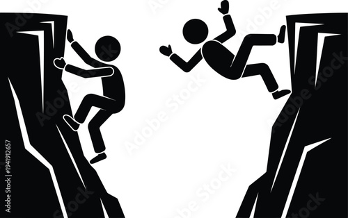 Two individuals navigating a challenging cliff, one climbing up and the other falling down.