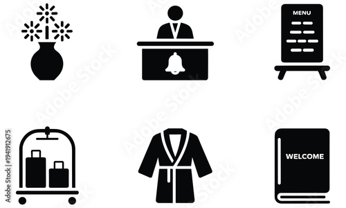 Hotel service icons set including reception, menu, luggage cart, robe, welcome book, and flowers in a vase