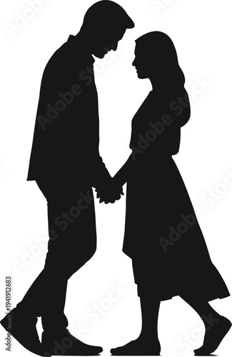 Silhouette of a romantic couple standing face to face and holding hands.