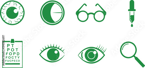 Collection of eye care and vision testing icons featuring glasses eye chart magnifier and medical symbols isolated on transparent background