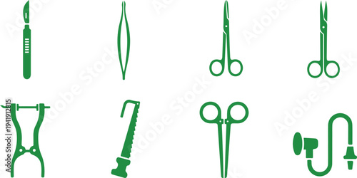 Set of medical and surgical tools including scissors forceps scalpel and needle holder icons isolated on transparent background
