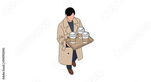 An overhead view shows a person in a beige trench coat walking and carrying a brown tray with four white coffee cups.