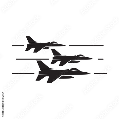 Three black silhouette fighter jets flying in formation with speed lines