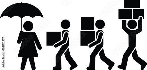 People carrying boxes and an umbrella in a line illustration