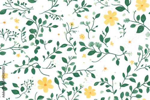A seamless pattern with hand-drawn flowers, their forms connected by delicate vines and leaves in pastel hues of green, yellow, and pink on a white background, inspired by whimsical folk art.