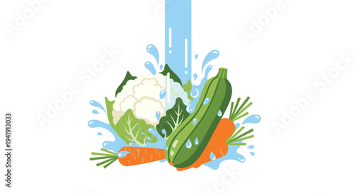 A cartoon illustration shows a steady stream of blue water cascading onto a pile of cauliflower, zucchini, and carrots with splashes.
