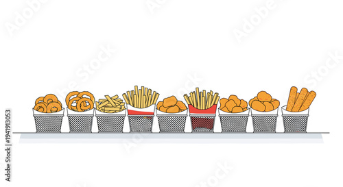 A horizontal line of eight small checkered paper buckets filled with various fried snacks is arranged on a thin grey line.