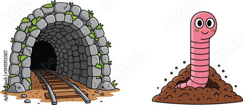 Stone railway tunnel entrance with tracks and cute earthworm in soil illustration set representing underground transport and gardening concepts