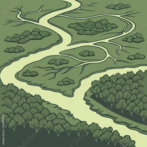 Stylized illustration of a meandering river flowing through a green landscape with trees and marshy areas