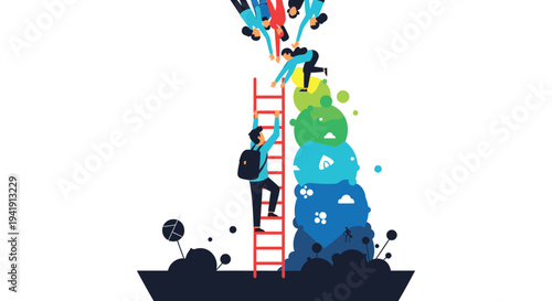 Vector illustration of business people climbing ladder to reach goals