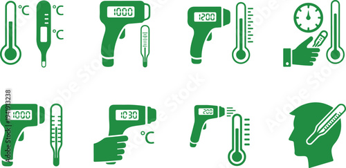 Collection of various thermometers and temperature measuring devices for health and environmental monitoring purposes