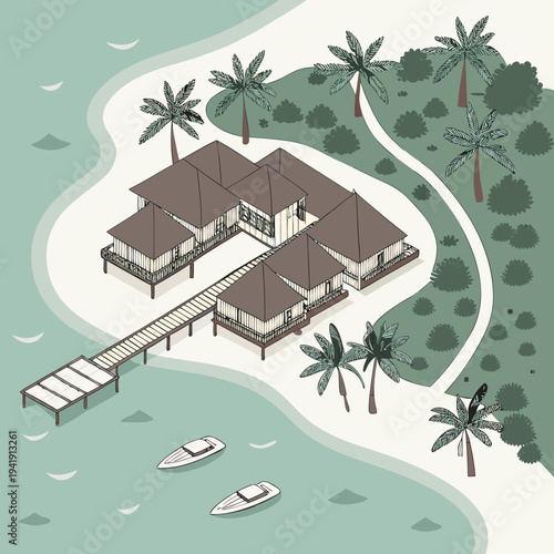 Aerial view of a tropical island resort with overwater bungalows and a pier, surrounded by turquoise water