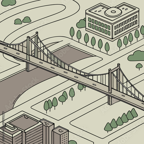 Stylized illustration of a suspension bridge connecting city buildings and a river in an urban landscape