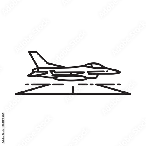Line drawing depicts a fighter jet speeding along a runway