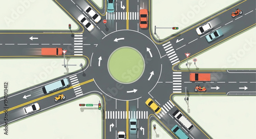 Roundabout Traffic Flow Illustration with Multiple Vehicles.