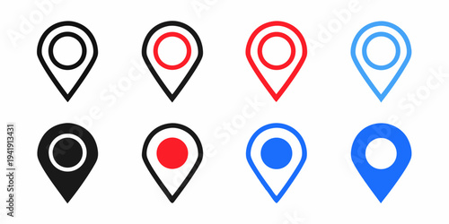 Set of colorful map markers or location pins in various styles