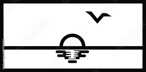 A minimalist illustration of a landscape scene with a sun rising over the horizon and a bird in flight