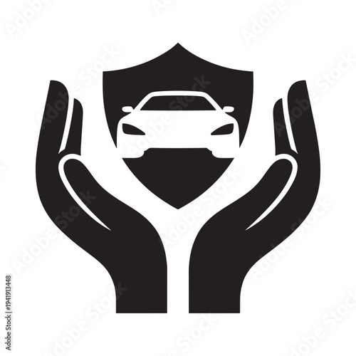 Car insurance concept protective hands shielding a vehicle icon