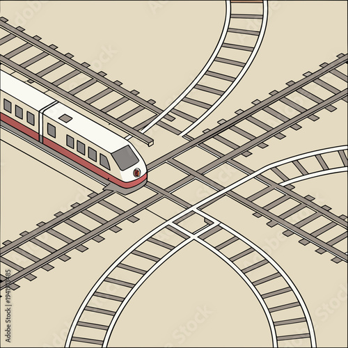 Modern train on a complex railway junction crossing, isometric view, transportation logistics concept