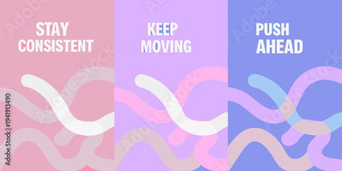 Motivational quote panels in pastel shades of pink purple and blue