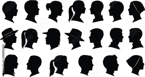 Silhouettes of human head profiles with hairstyles, hats, headscarves, ponytails, diverse side views, demographic variety, identity illustration design collection
