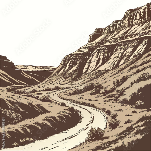 Rugged hillside valley with winding dirt road and rocky cliff face