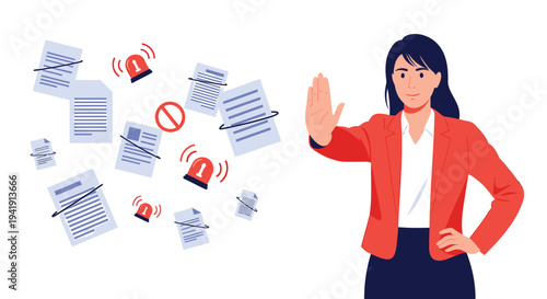 Vector illustration of woman rejecting or stopping paperwork