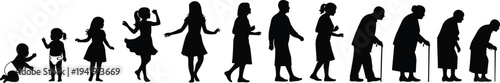 Silhouettes of human life stages from infancy to old age, progression showing childhood, adulthood, and elderly figures with canes