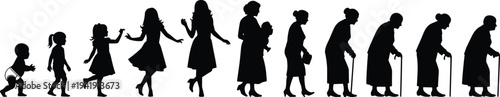 Silhouettes of human life stages from infancy to old age, progression showing childhood, adulthood, parenthood, and elderly figures with cane