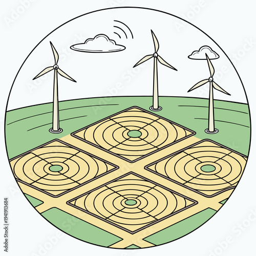 Modern wind turbines on fields with wireless signal, clean energy concept illustration