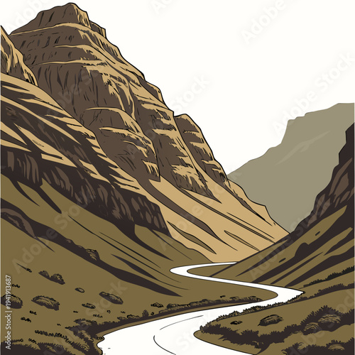 Steep mountain slopes forming narrow valley road steep slopes