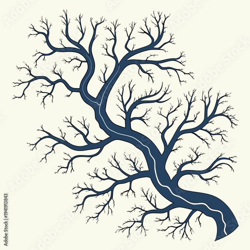 Ornate tree structure with internal blue river, artistic design on cream background