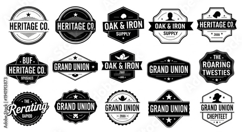 Collection of Vintage Style Logos and Badges with Text and Shapes.