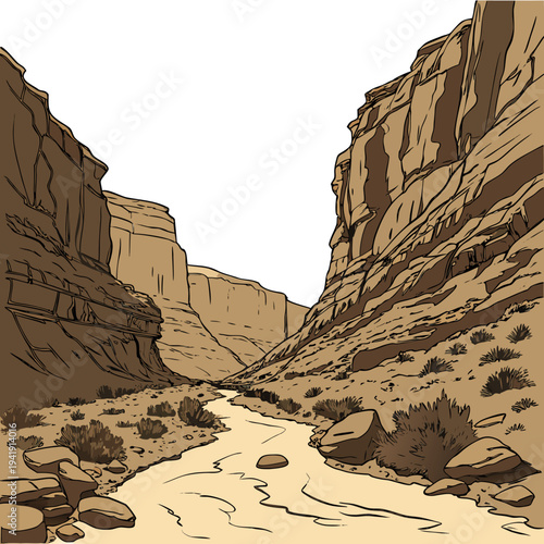 Desert canyon landscape with rocky cliffs and narrow pathway